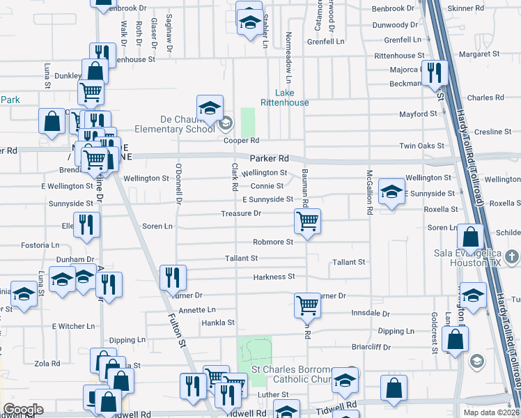 map of restaurants, bars, coffee shops, grocery stores, and more near 234 Treasure Drive in Houston