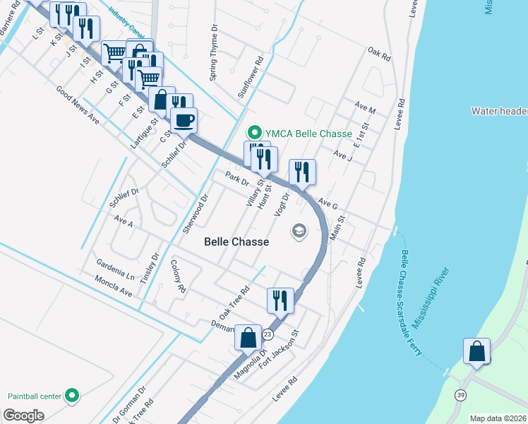 map of restaurants, bars, coffee shops, grocery stores, and more near 119 Hunt Street in Belle Chasse