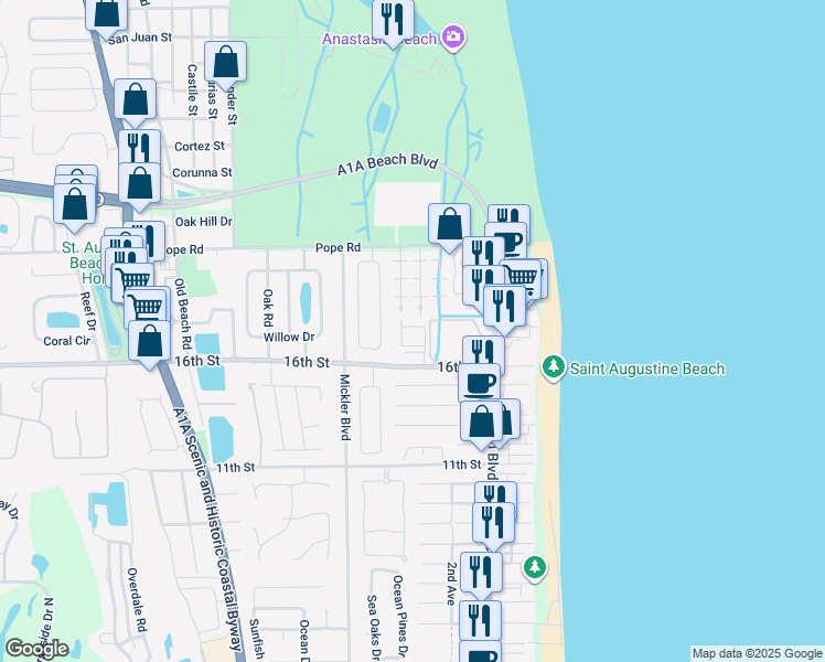 map of restaurants, bars, coffee shops, grocery stores, and more near 214 Atlantis Circle in St. Augustine Beach