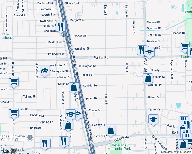 map of restaurants, bars, coffee shops, grocery stores, and more near 1709 Schilder Drive in Houston