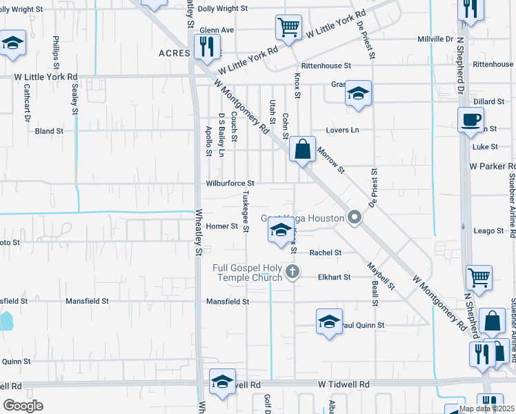 map of restaurants, bars, coffee shops, grocery stores, and more near 6308 Tuskegee Street in Houston