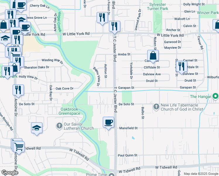 map of restaurants, bars, coffee shops, grocery stores, and more near 3415 Garapan Street in Houston