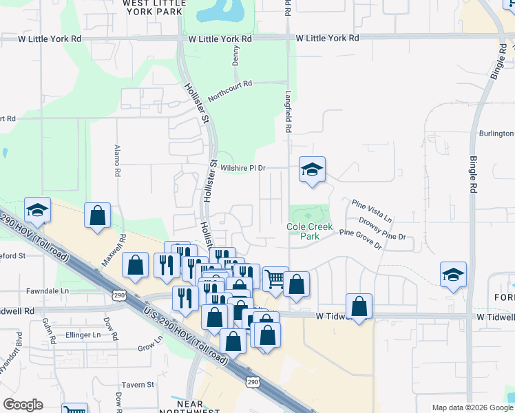 map of restaurants, bars, coffee shops, grocery stores, and more near 6343 Wilshire Ridge in Houston