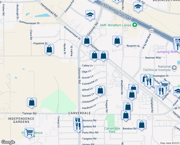 map of restaurants, bars, coffee shops, grocery stores, and more near 10051 Grover Lane in Houston