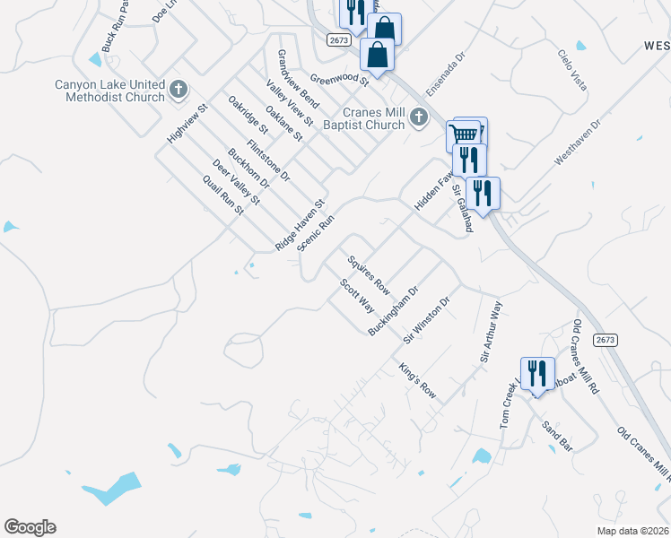 map of restaurants, bars, coffee shops, grocery stores, and more near 1198 Scenic Run in Canyon Lake