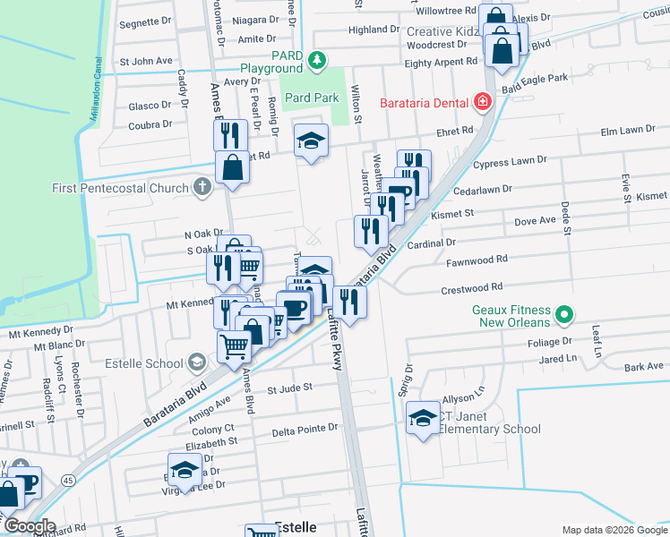 map of restaurants, bars, coffee shops, grocery stores, and more near 2570 Martin Drive in Marrero