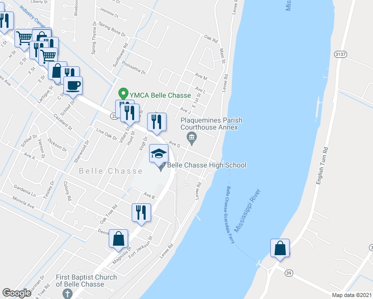 map of restaurants, bars, coffee shops, grocery stores, and more near 205 Avenue G in Belle Chasse