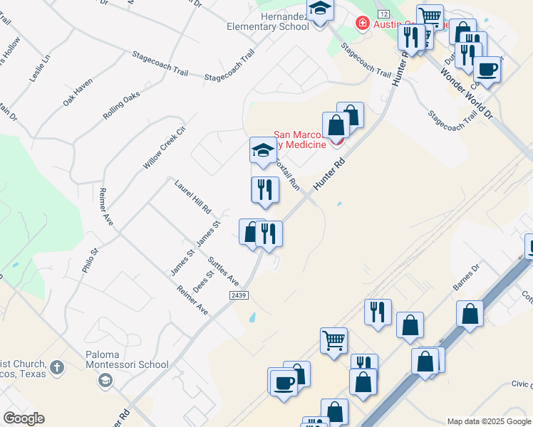 map of restaurants, bars, coffee shops, grocery stores, and more near 2550 Hunter Road in San Marcos