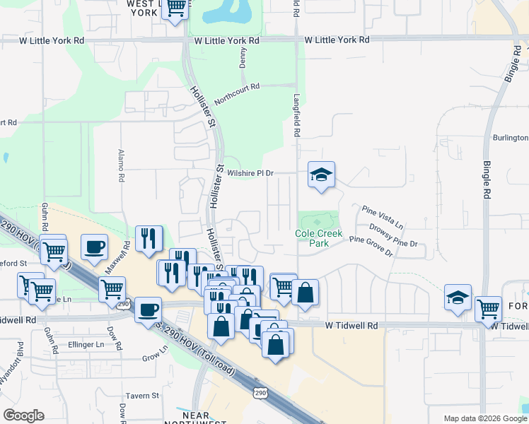 map of restaurants, bars, coffee shops, grocery stores, and more near 6343 Wilshire Ridge in Houston
