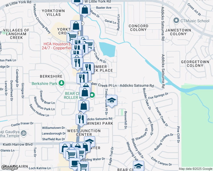 map of restaurants, bars, coffee shops, grocery stores, and more near Timber Creek Place Drive in Houston