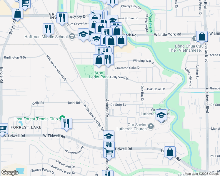 map of restaurants, bars, coffee shops, grocery stores, and more near 6240 Antoine Drive in Houston