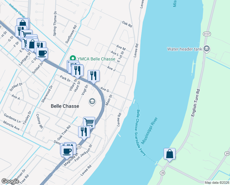 map of restaurants, bars, coffee shops, grocery stores, and more near 301A Main Street in Belle Chasse