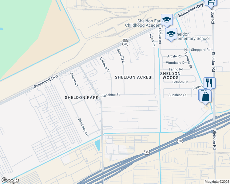 map of restaurants, bars, coffee shops, grocery stores, and more near 16410 Sunshine Street in Houston
