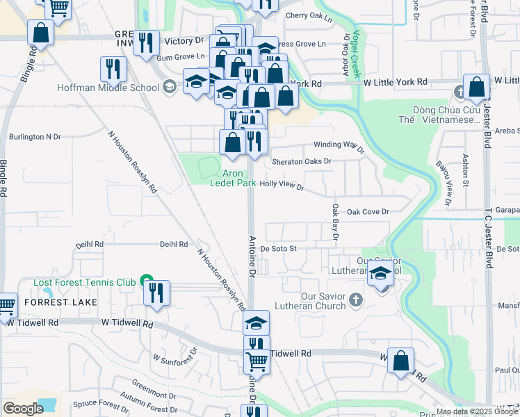 map of restaurants, bars, coffee shops, grocery stores, and more near 6210 Antoine Drive in Houston