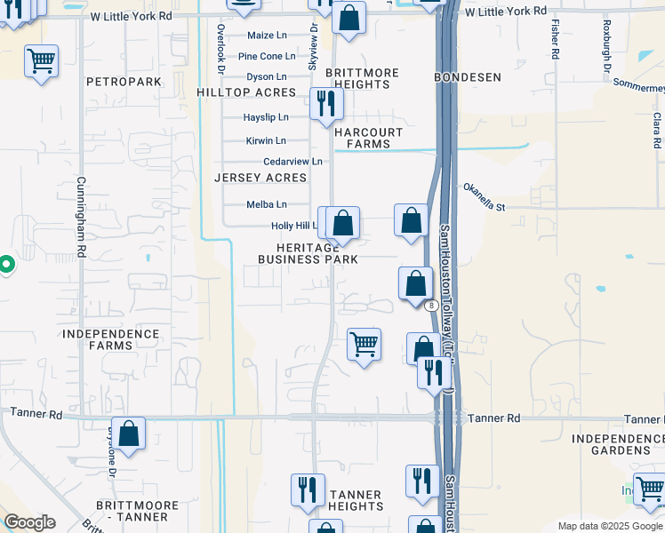 map of restaurants, bars, coffee shops, grocery stores, and more near 6003 Brittmoore Road in Houston
