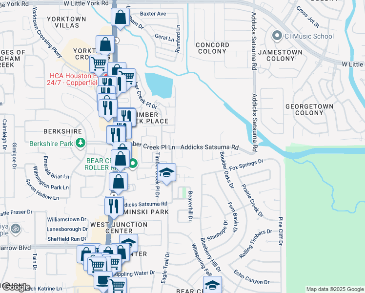map of restaurants, bars, coffee shops, grocery stores, and more near 5530 Addicks Satsuma Road in Houston