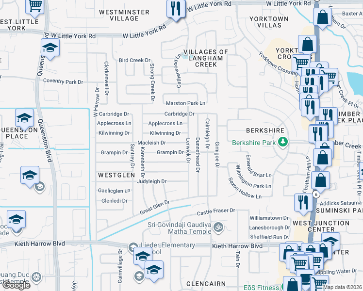 map of restaurants, bars, coffee shops, grocery stores, and more near 5322 Lerwick Drive in Houston