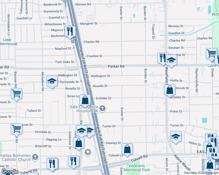 map of restaurants, bars, coffee shops, grocery stores, and more near 1709 Schilder Drive in Houston