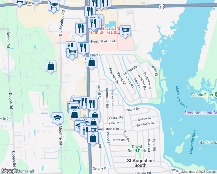 map of restaurants, bars, coffee shops, grocery stores, and more near 201 Dartmouth Road in St. Augustine