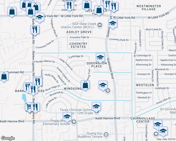 map of restaurants, bars, coffee shops, grocery stores, and more near 5639 Windsong Trail in Houston