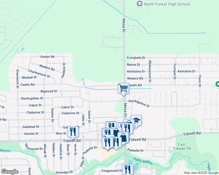 map of restaurants, bars, coffee shops, grocery stores, and more near 8626 Caddo Road in Houston