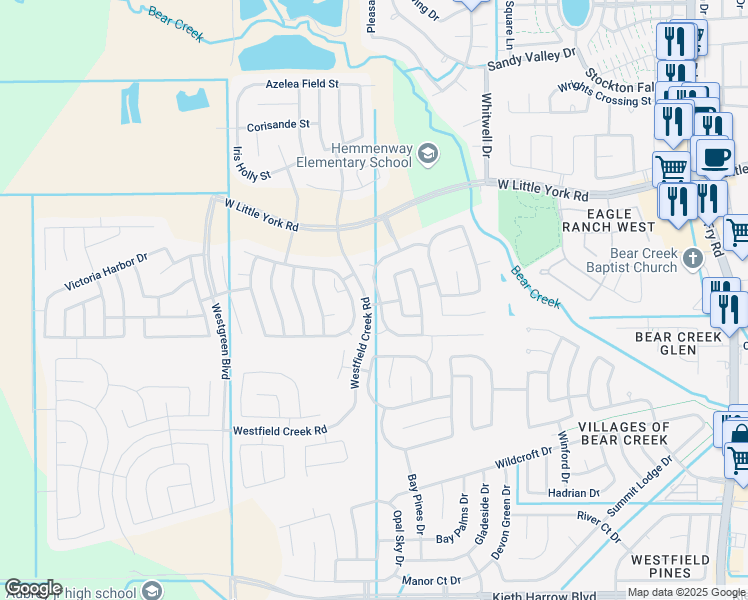 map of restaurants, bars, coffee shops, grocery stores, and more near 5418 Matilda Bend Lane in Katy