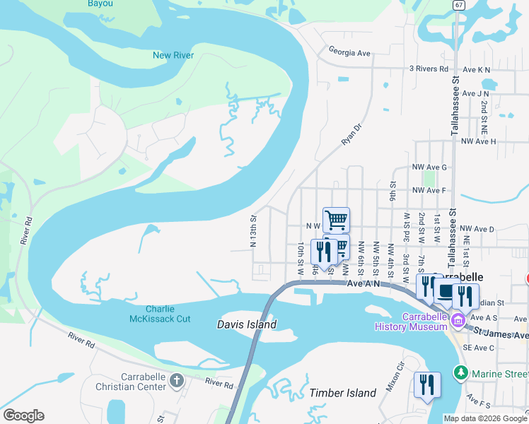 map of restaurants, bars, coffee shops, grocery stores, and more near 502 Northwest 13th Street in Carrabelle