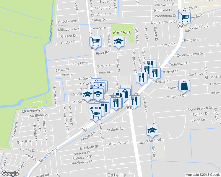 map of restaurants, bars, coffee shops, grocery stores, and more near 2620 Wilkerson Drive in Marrero