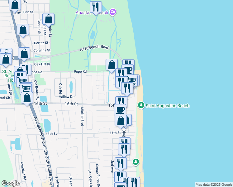 map of restaurants, bars, coffee shops, grocery stores, and more near CP62 Atlantis Circle in St. Augustine