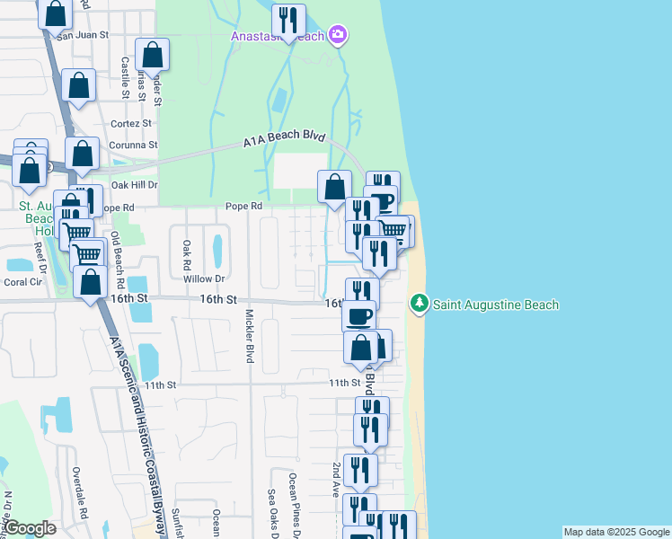 map of restaurants, bars, coffee shops, grocery stores, and more near CP62 Atlantis Circle in St. Augustine