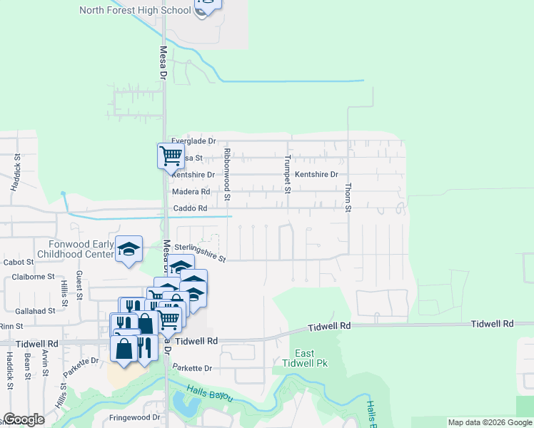 map of restaurants, bars, coffee shops, grocery stores, and more near 9838 Balsam Lane in Houston