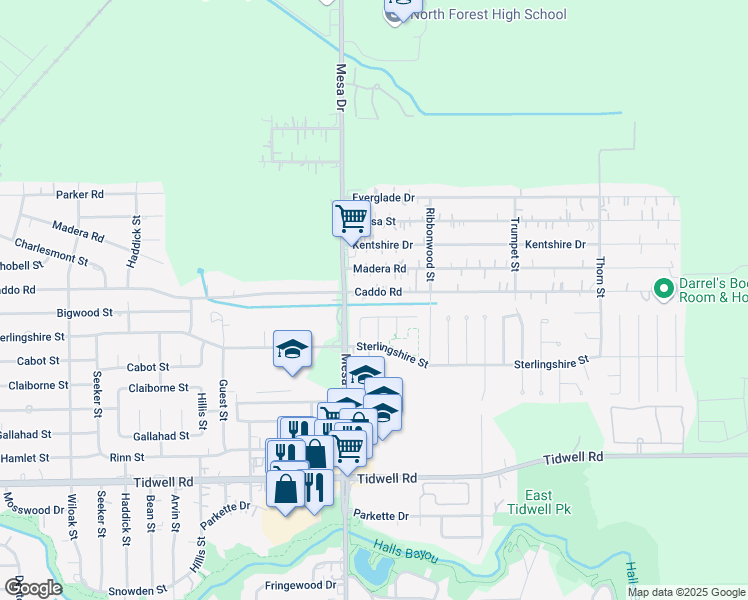map of restaurants, bars, coffee shops, grocery stores, and more near 9819 Hydroville Court in Houston