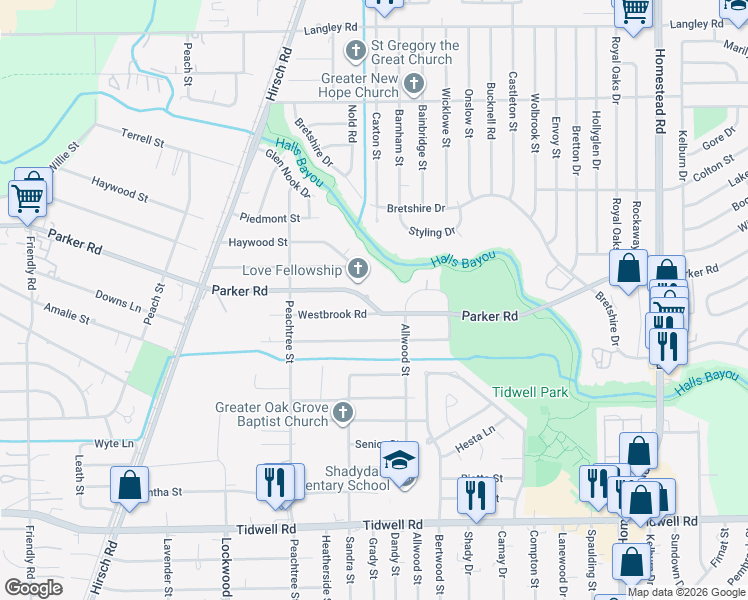 map of restaurants, bars, coffee shops, grocery stores, and more near 5718 Westbrook Road in Houston