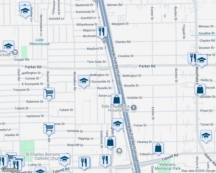 map of restaurants, bars, coffee shops, grocery stores, and more near 1315 Soren Lane in Houston
