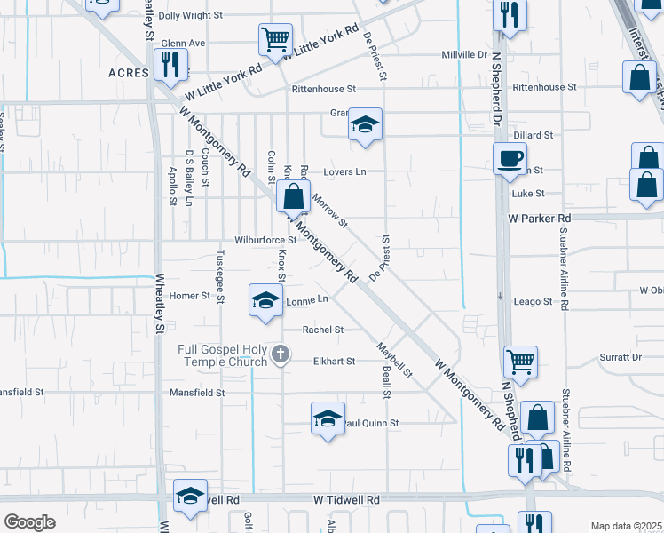 map of restaurants, bars, coffee shops, grocery stores, and more near 6520 Maybell Street in Houston