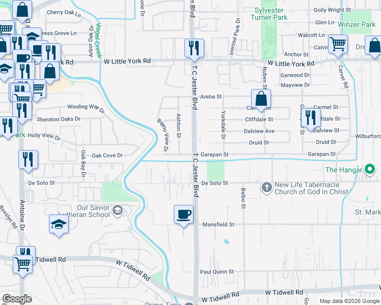 map of restaurants, bars, coffee shops, grocery stores, and more near 3241 Garapan Street in Houston