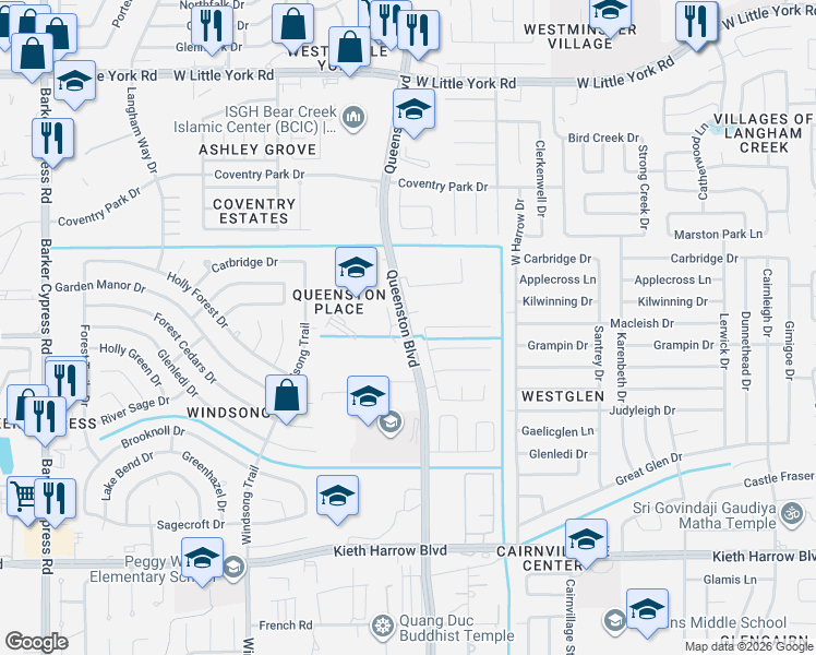 map of restaurants, bars, coffee shops, grocery stores, and more near 5619 Brookhollow Oaks Trail in Houston