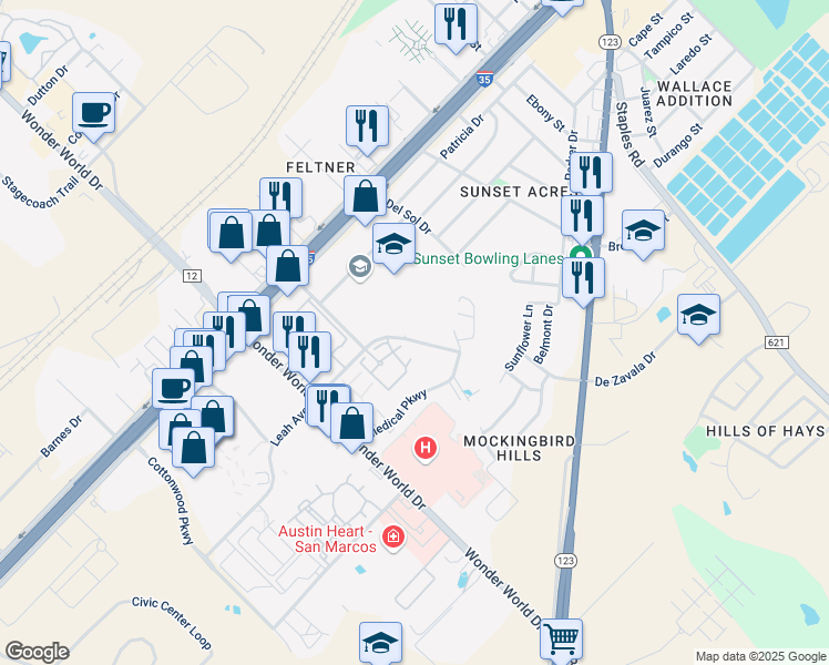 map of restaurants, bars, coffee shops, grocery stores, and more near 1001 Leah Avenue in San Marcos