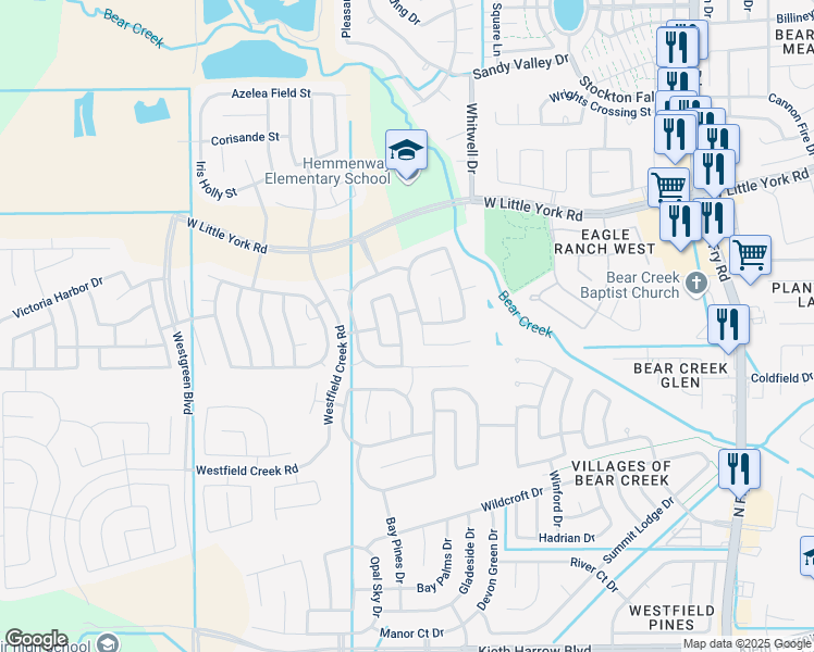 map of restaurants, bars, coffee shops, grocery stores, and more near 5502 Floral Valley Lane in Katy