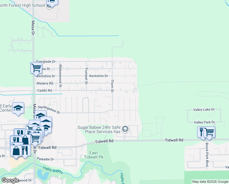 map of restaurants, bars, coffee shops, grocery stores, and more near 9915 Thorn Street in Houston
