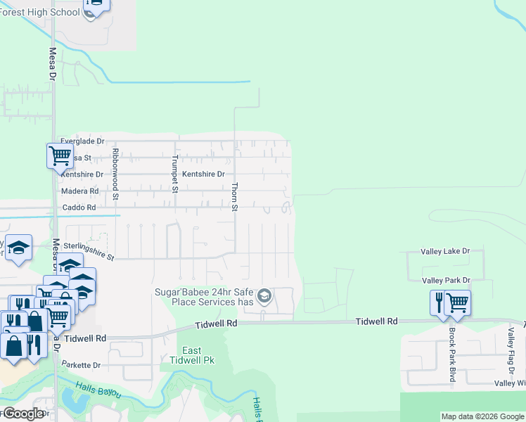 map of restaurants, bars, coffee shops, grocery stores, and more near 9430 Madera Road in Houston