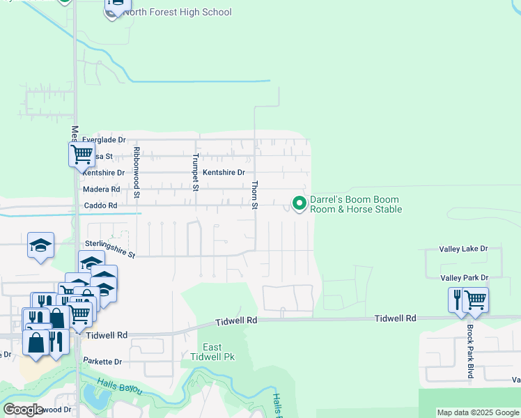 map of restaurants, bars, coffee shops, grocery stores, and more near 9915 Thorn Street in Houston