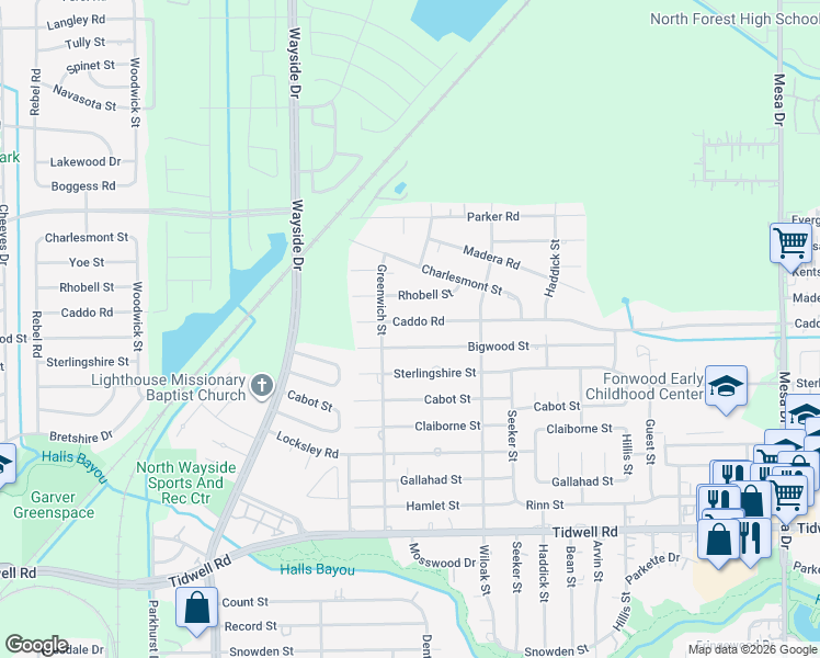 map of restaurants, bars, coffee shops, grocery stores, and more near 8126 Rhobell Street in Houston