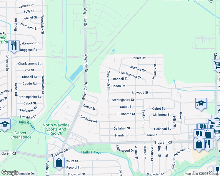 map of restaurants, bars, coffee shops, grocery stores, and more near 8018 Rhobell Street in Houston