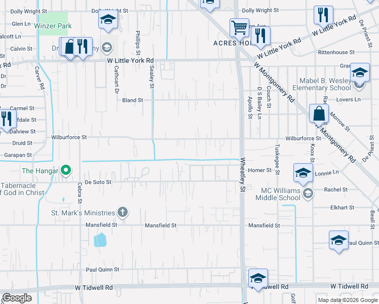 map of restaurants, bars, coffee shops, grocery stores, and more near 1415 Wilburforce Street in Houston