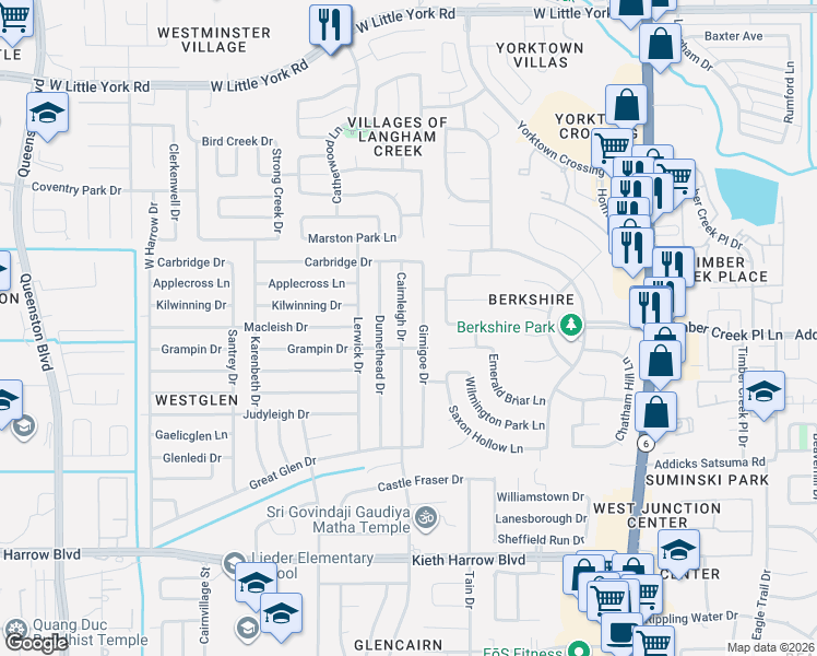 map of restaurants, bars, coffee shops, grocery stores, and more near 5431 Cairnleigh Drive in Houston