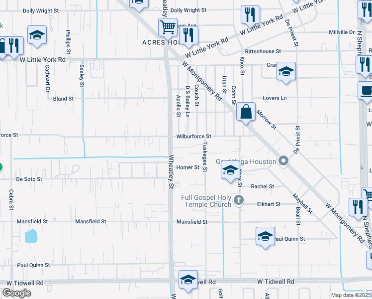 map of restaurants, bars, coffee shops, grocery stores, and more near 1035 Wilburforce Street in Houston