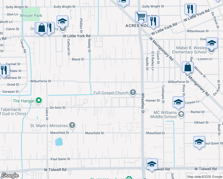 map of restaurants, bars, coffee shops, grocery stores, and more near 1415 Wilburforce Street in Houston
