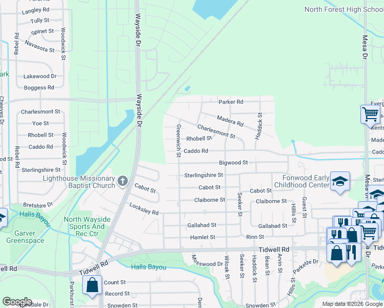 map of restaurants, bars, coffee shops, grocery stores, and more near 8126 Rhobell Street in Houston