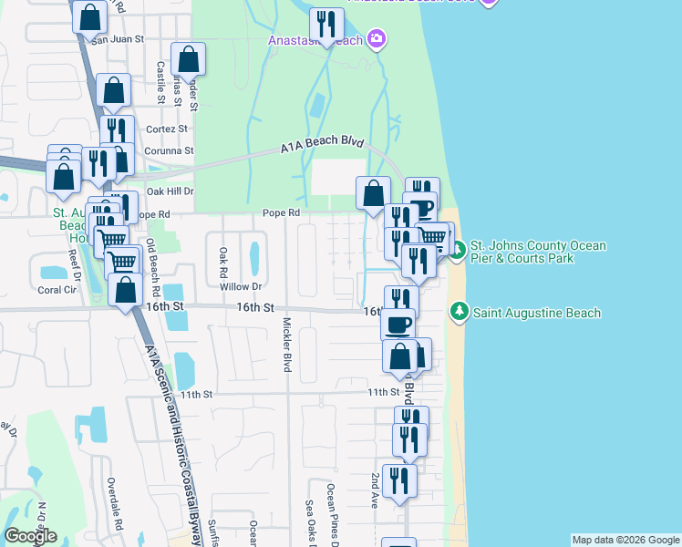 map of restaurants, bars, coffee shops, grocery stores, and more near 53 Clipper Court in St. Augustine